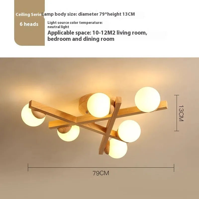 Wooden style Scandinavian three-head ceiling light with flush mount installation