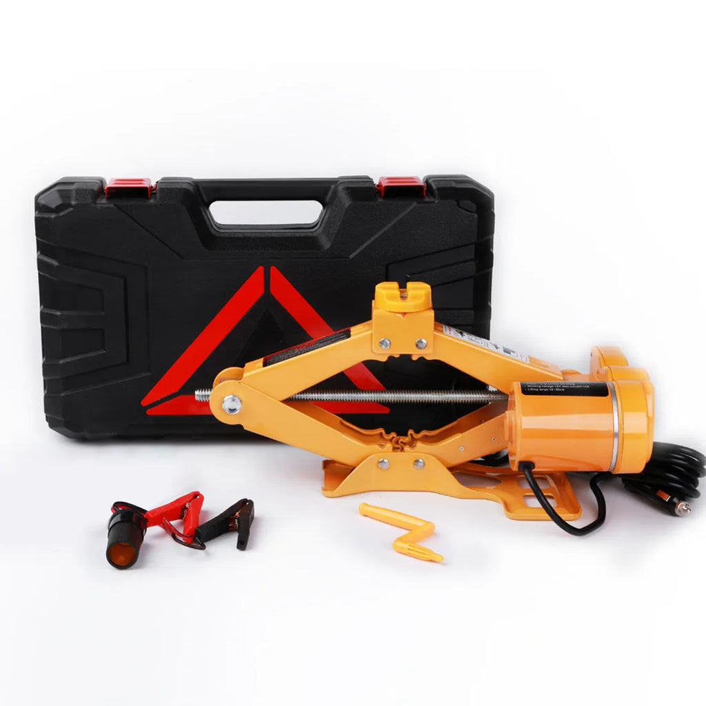 Vehicle-mounted electric hydraulic jack kit with 2-tonne capacity and 100W motor.