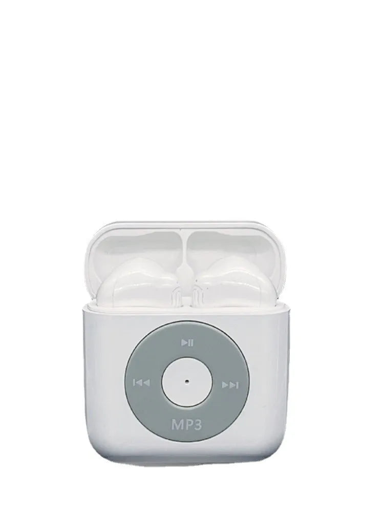 White wireless Bluetooth earphones with semi in-ear design and a matching charging case on a table.