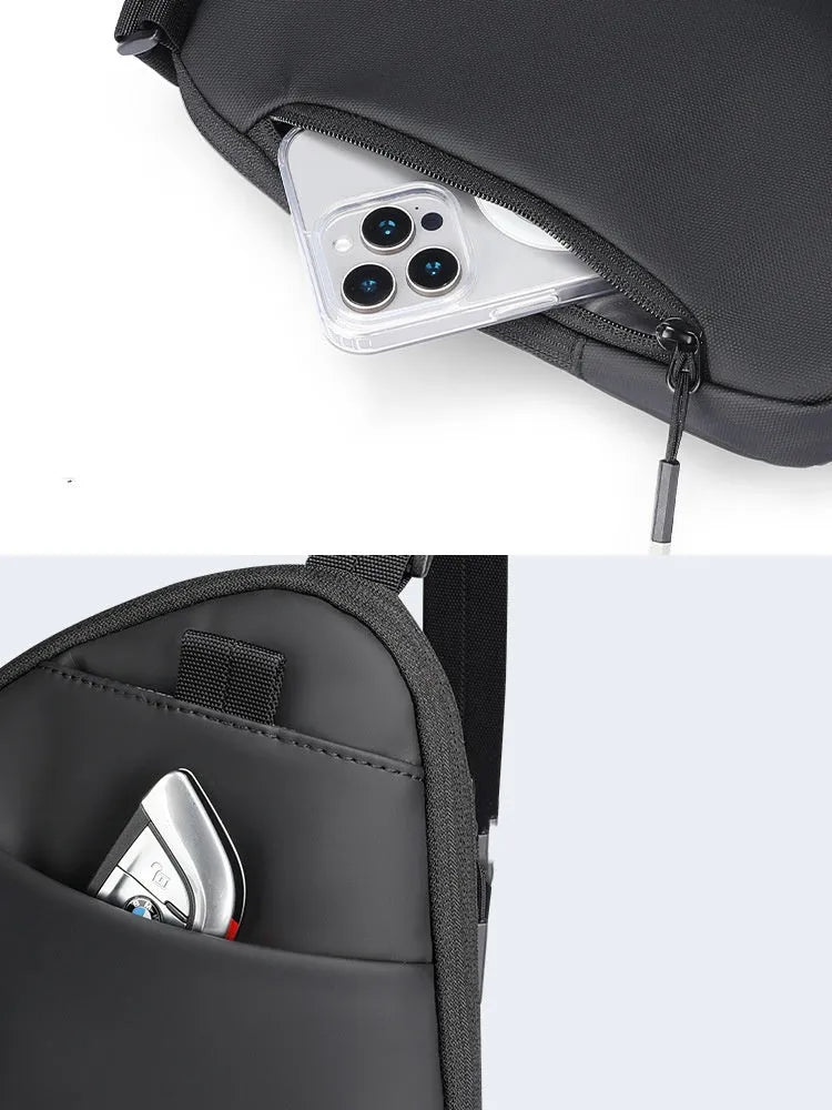 Men's black Oxford cloth crossbody bag with reinforced stitching and single-compartment design
