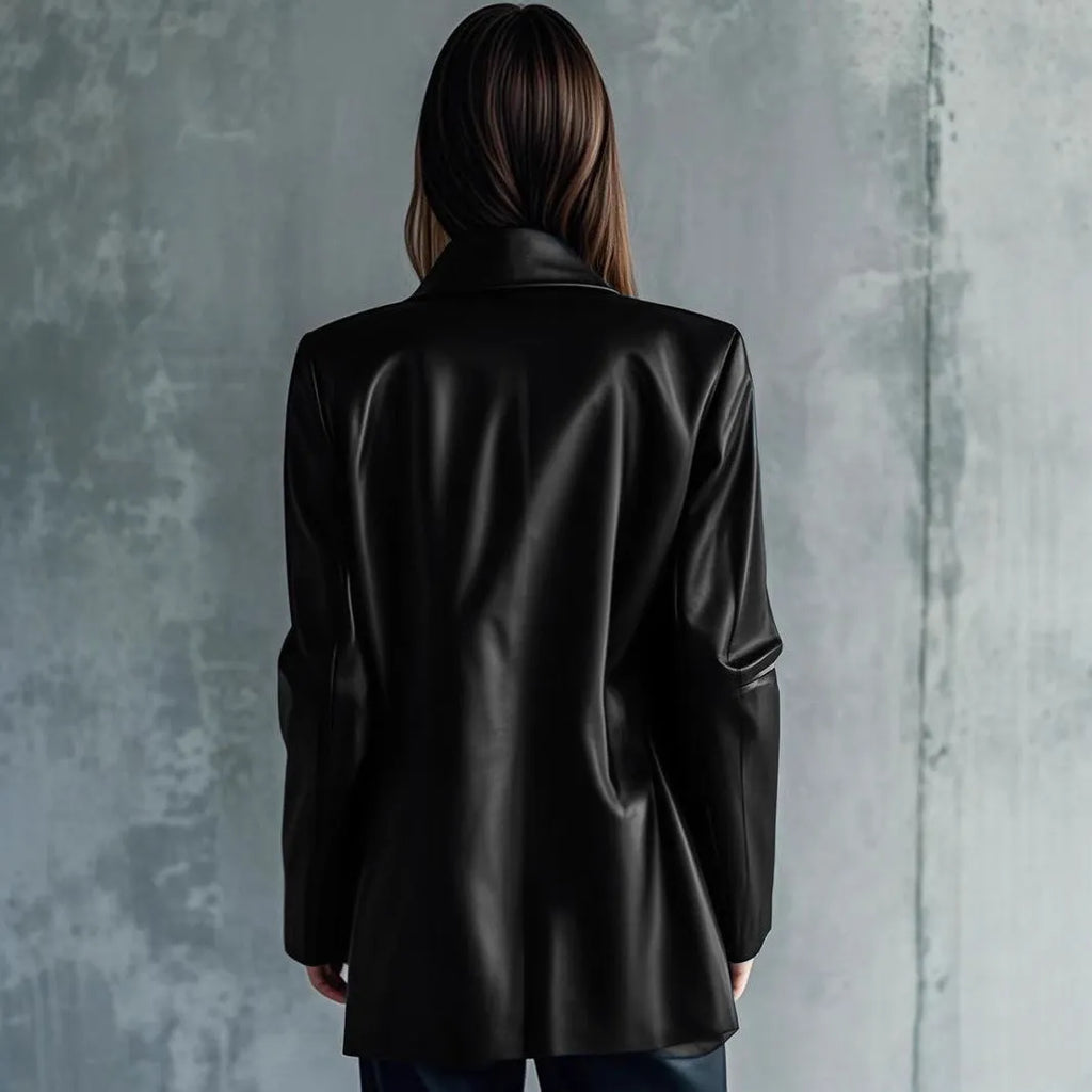 Women's black polyester leather jacket with 65cm medium length and long sleeves