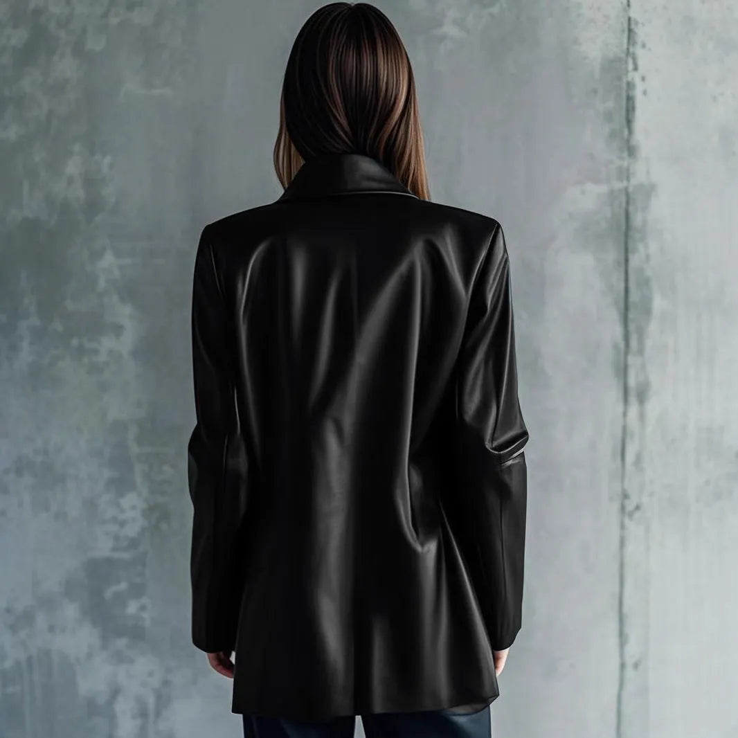 Women's black polyester leather jacket with 65cm medium length and long sleeves