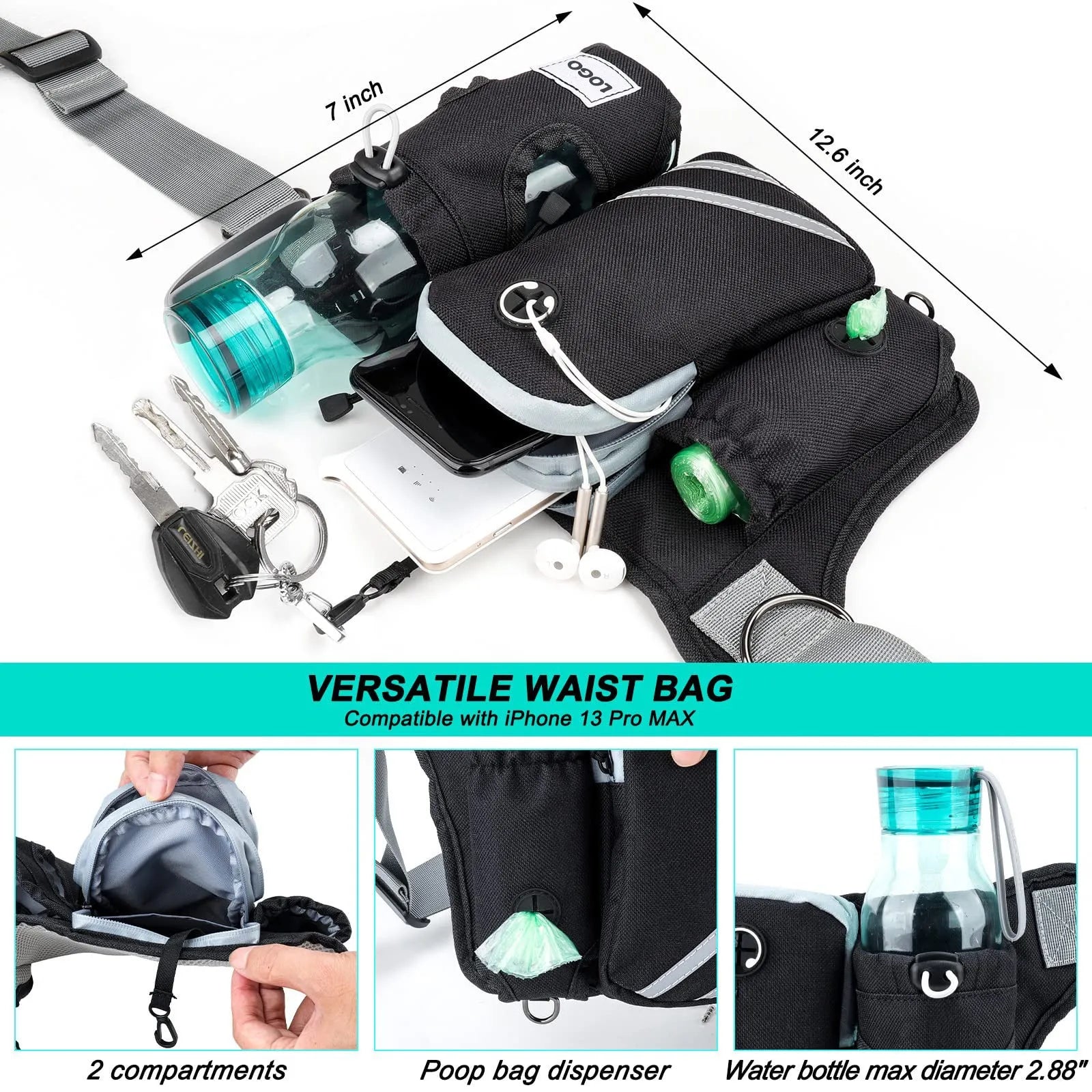 Black outdoor waist bag with dog leash and collar set for hands-free pet walking