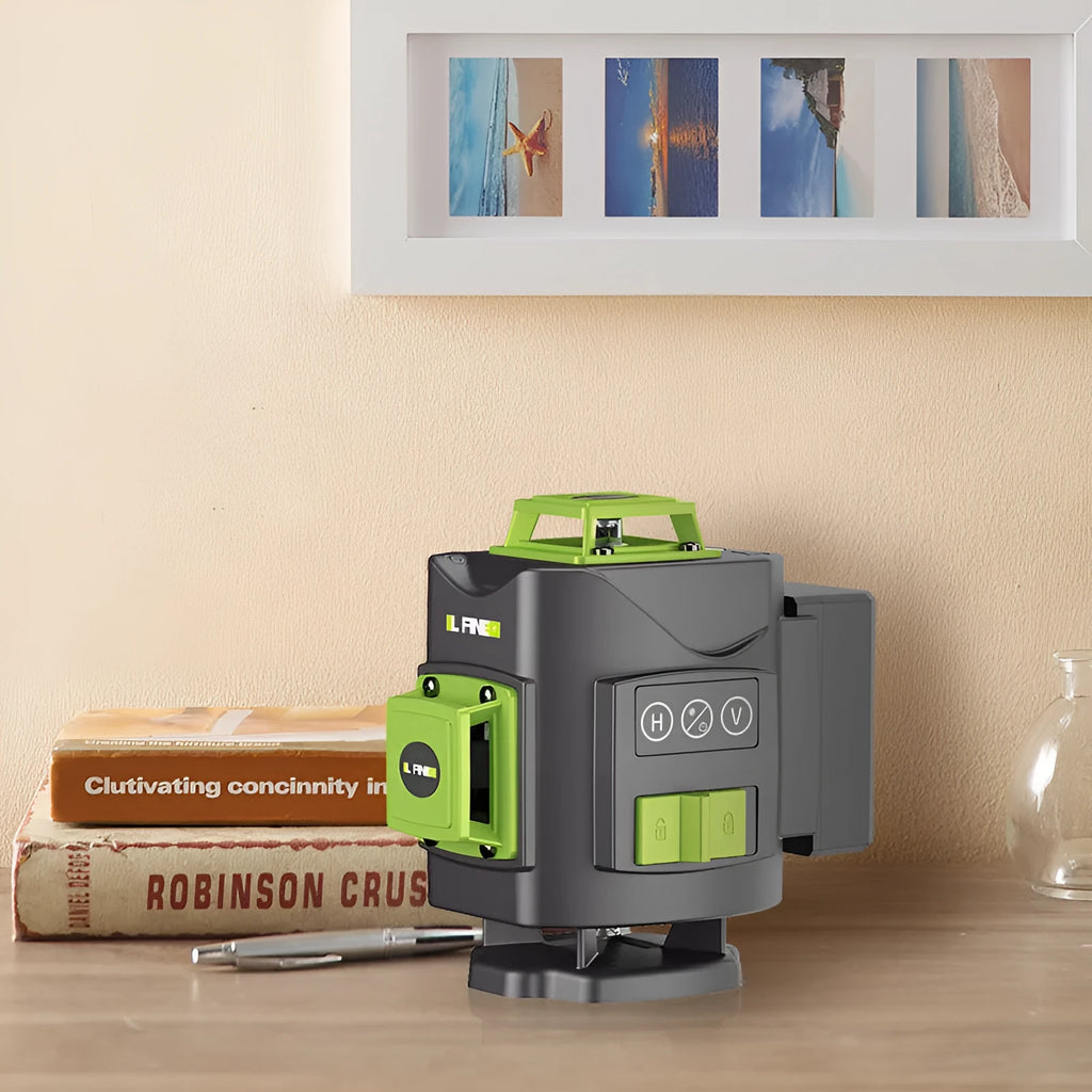 Green laser level with 16-line projection showing on a wall, with nylon and aluminium body.