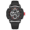Men's black waterproof quartz watch with 51mm case showing calendar display and night light function
