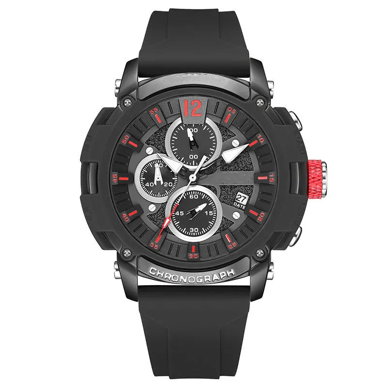 Men's black waterproof quartz watch with 51mm case showing calendar display and night light function