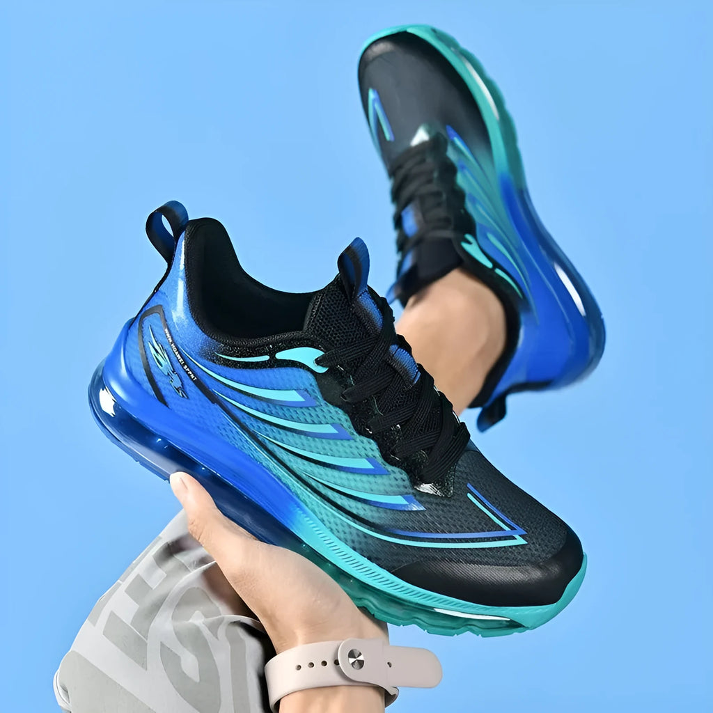 Men's woven sneaker in blackish blue, white rose, or white smoky blue with round toe and mid heel.