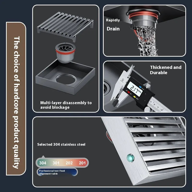 304 stainless steel courtyard floor drain with gun grey finish and 15x15 cm drainage core