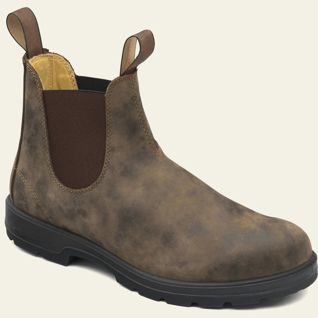 Vintage brown frosted PU leather Chelsea boots for men and women with car stitch detail and low heel.