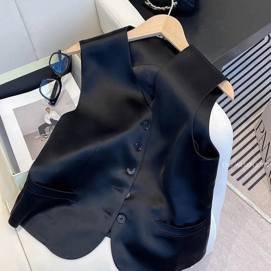 Black satin ladies' sleeveless vest with loose fit and splicing details
