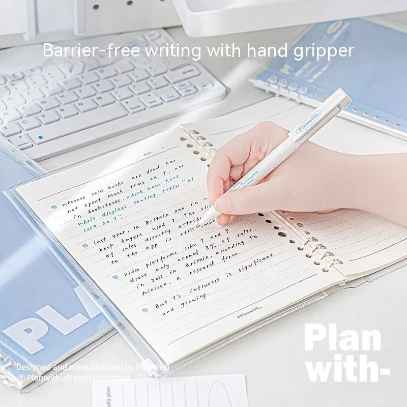 A5 size spiral-bound notebook with a PVC cover, shown in blue and white colour options.
