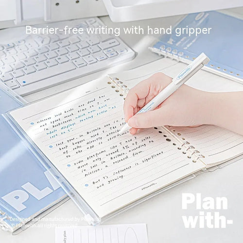 A5 size spiral-bound notebook with a PVC cover, shown in blue and white colour options.