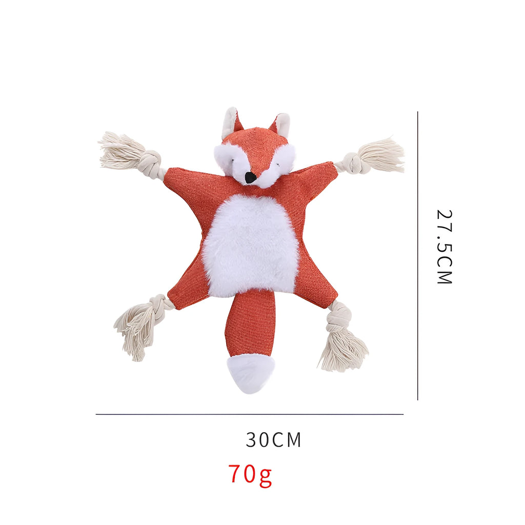 Brown plush fox dog toy with embroidered eyes, cotton rope limbs, and a squeaker.