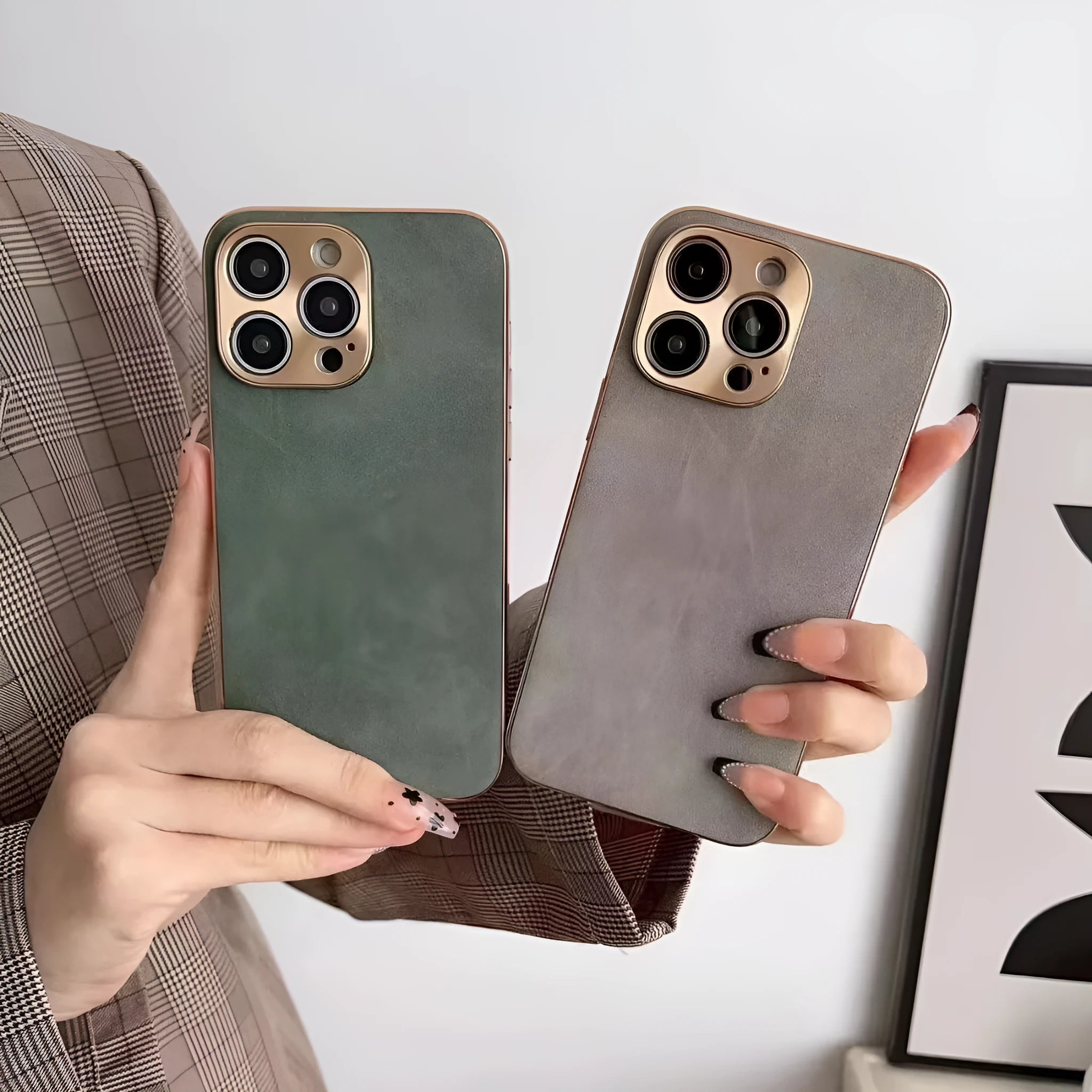 Leather texture TPU phone case for iPhone in black, blue, grey and grey-green colour options