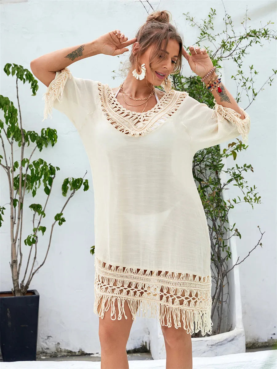 Apricot hand-crocheted acrylic beach dress with lining for women, free size