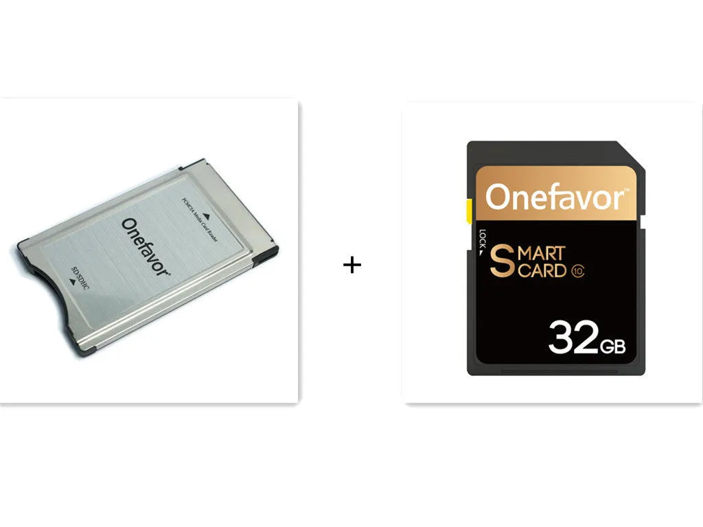 Stainless steel SD to PCMCIA adapter card with a 32GB SDHC card for Mercedes-Benz vehicles.