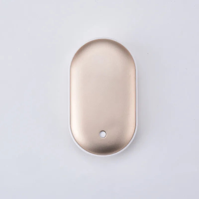 Rechargeable mini hand warmer and power bank device showing various colour options including rose gold and sky blue