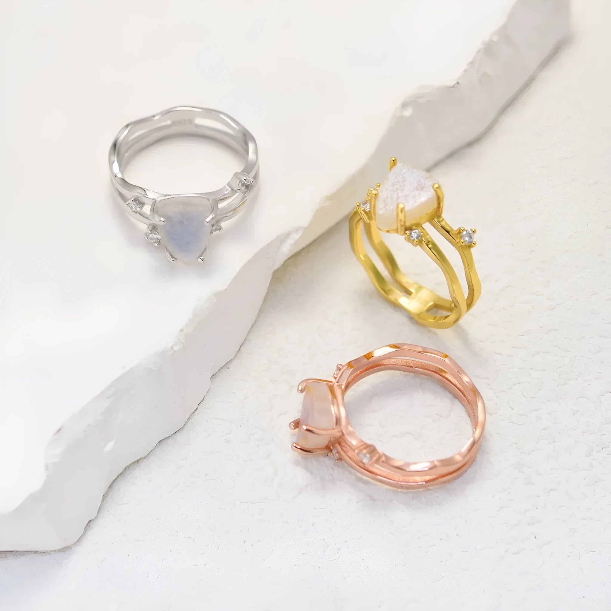 S925 sterling silver irregular triangle moonstone ring in rose gold, white gold, or yellow gold plating.