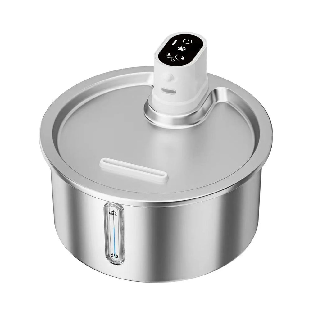 Stainless steel cat and dog water fountain with constant temperature heating base.