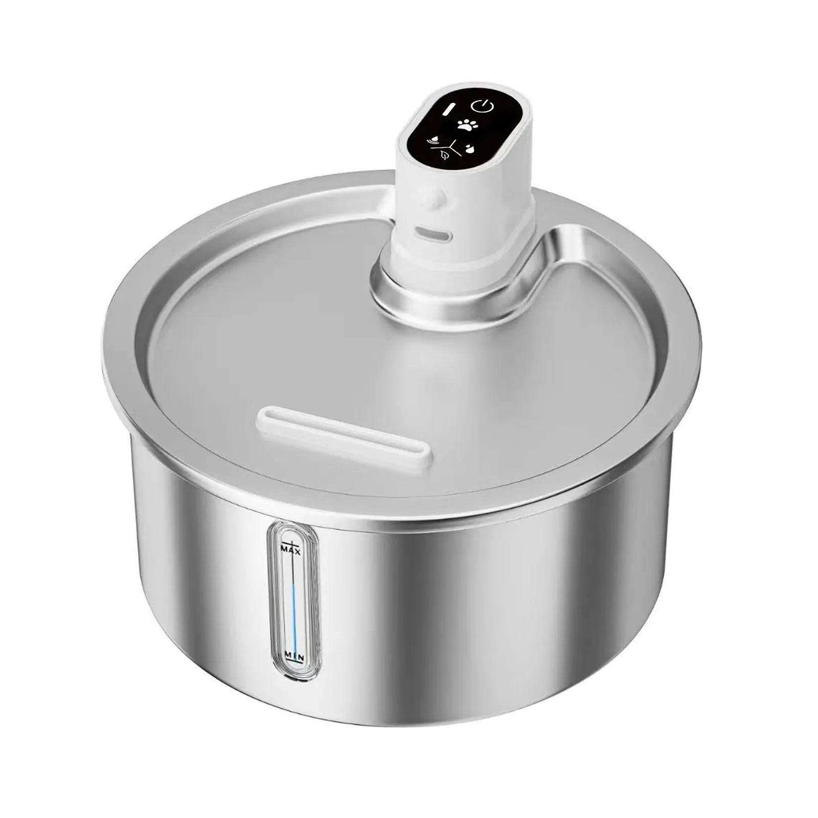 Stainless steel cat and dog water fountain with constant temperature heating base.