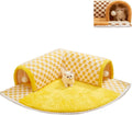 Brown plush plaid cat tunnel bed with central mat showing collapsible design and non-slip bottom