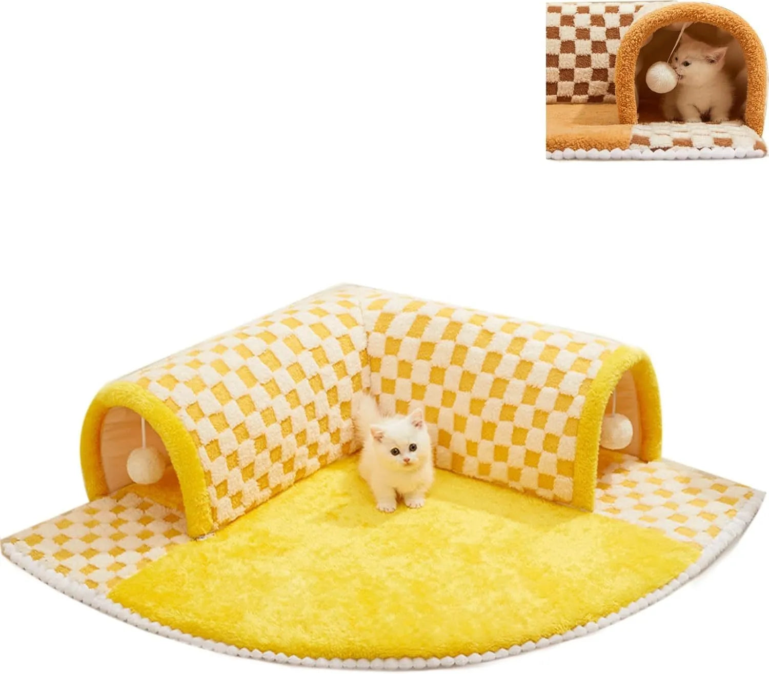 Brown plush plaid cat tunnel bed with central mat showing collapsible design and non-slip bottom