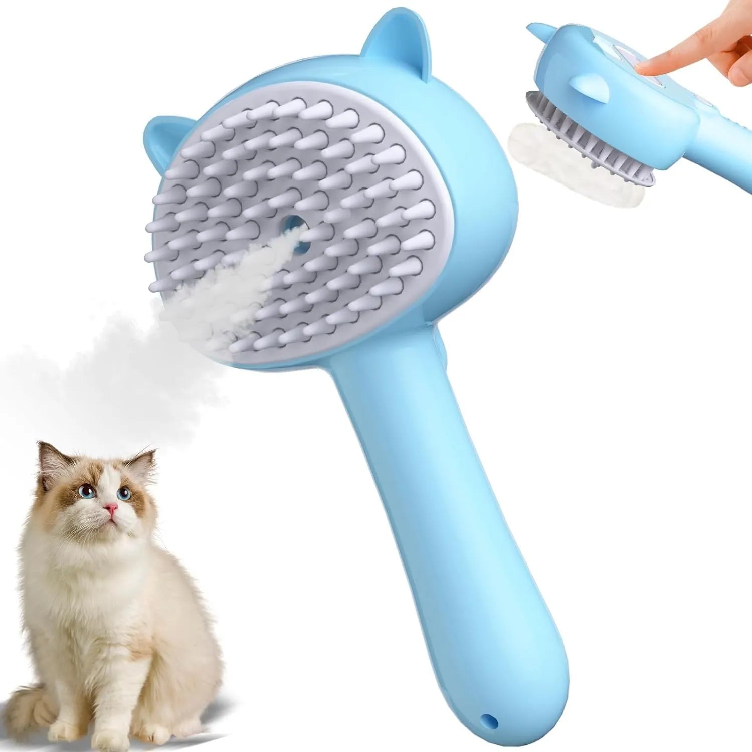 Blue cat steam brush with rubber bristles and misting function for pet grooming