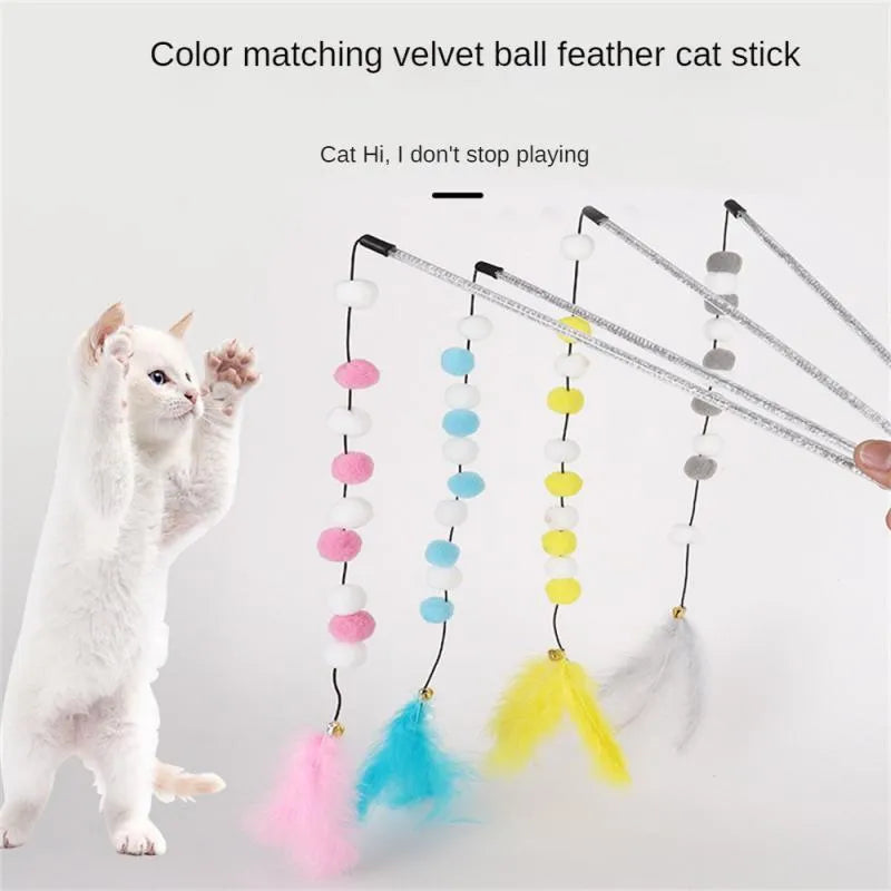 31cm long cat teaser rod with colourful feather pompon and bell attachments
