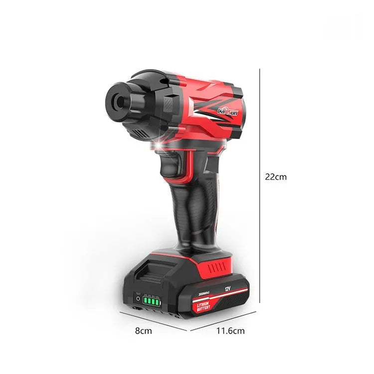 Red and black portable car wireless air pump with nozzles and power cable for tyre inflation