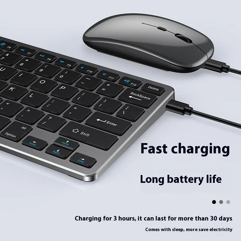 Ultra-thin silent wireless keyboard and rechargeable mouse set in black, gunmetal, or silver.