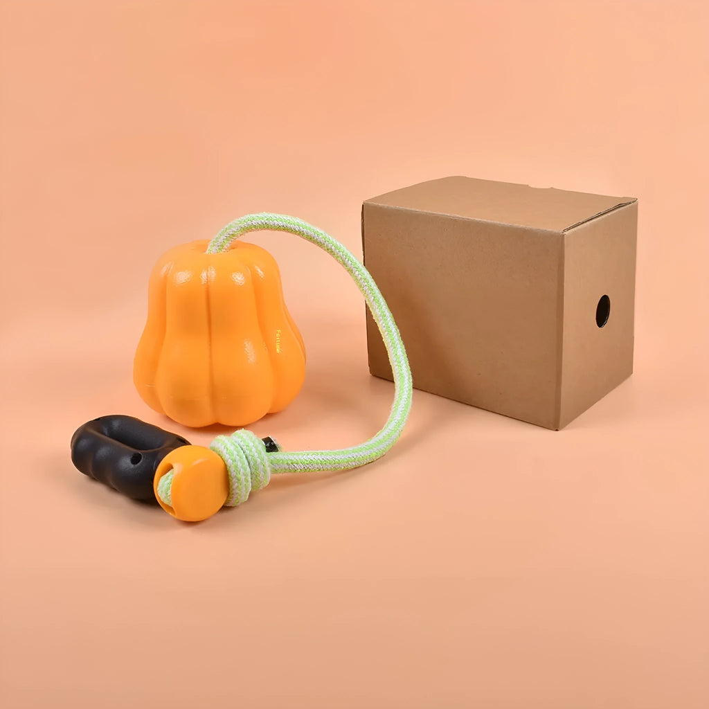 Large orange pumpkin-shaped plastic dog chew toy with an attached rope for throwing