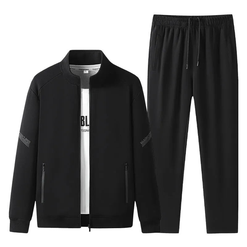 Men's plus size knitted cotton sports suit in black with long-sleeve jacket and trousers for outdoor spring autumn leisure