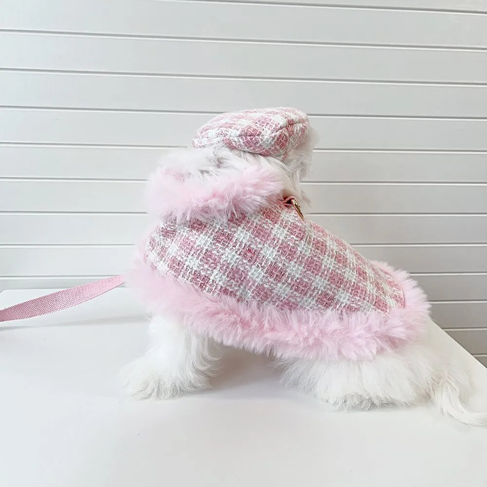 Pink cat costume with beret and cloak including hand-held control rope for pet dress-up