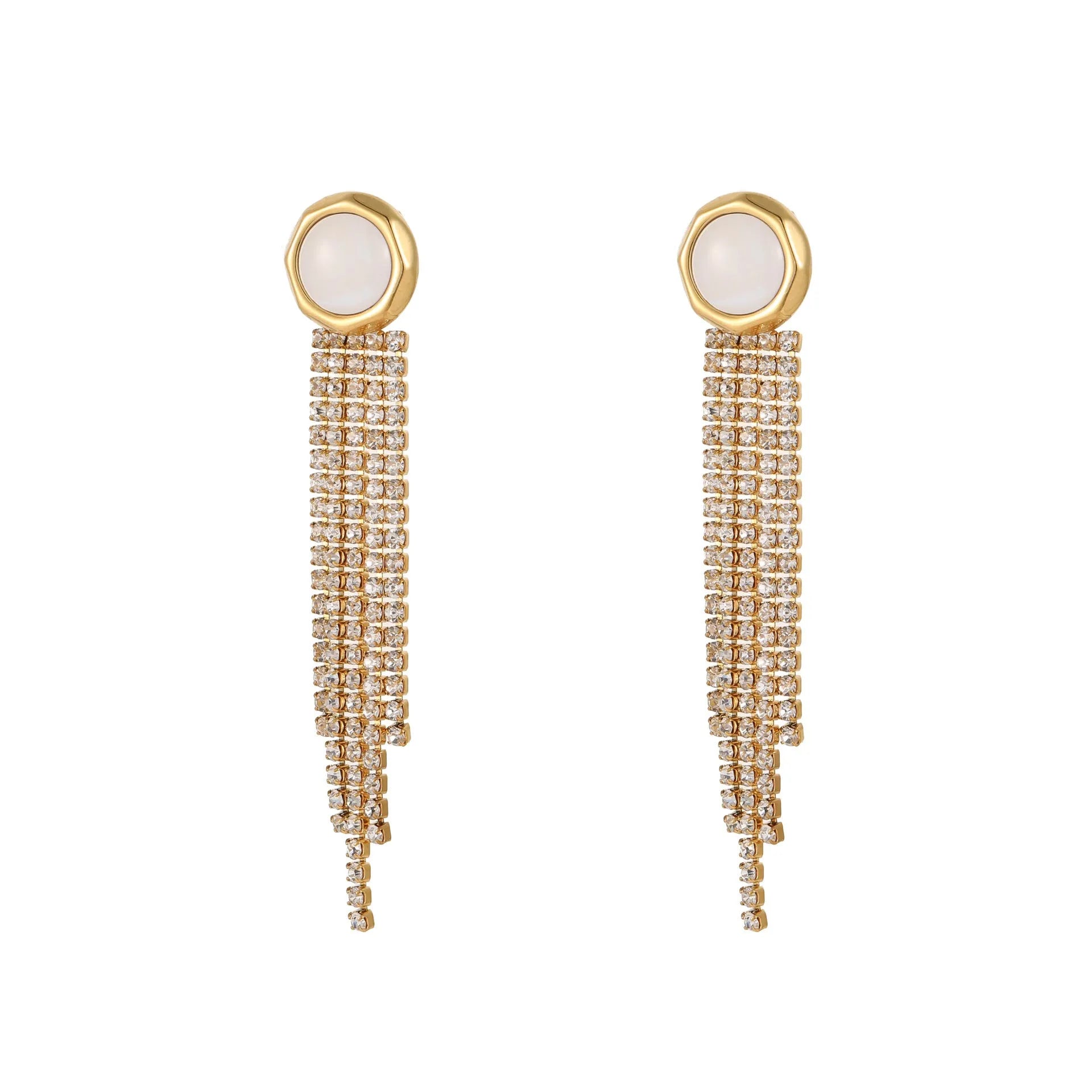 Close-up of a women's stainless steel earring with a heart shape and a dangling geometric tassel featuring diamond and star details.