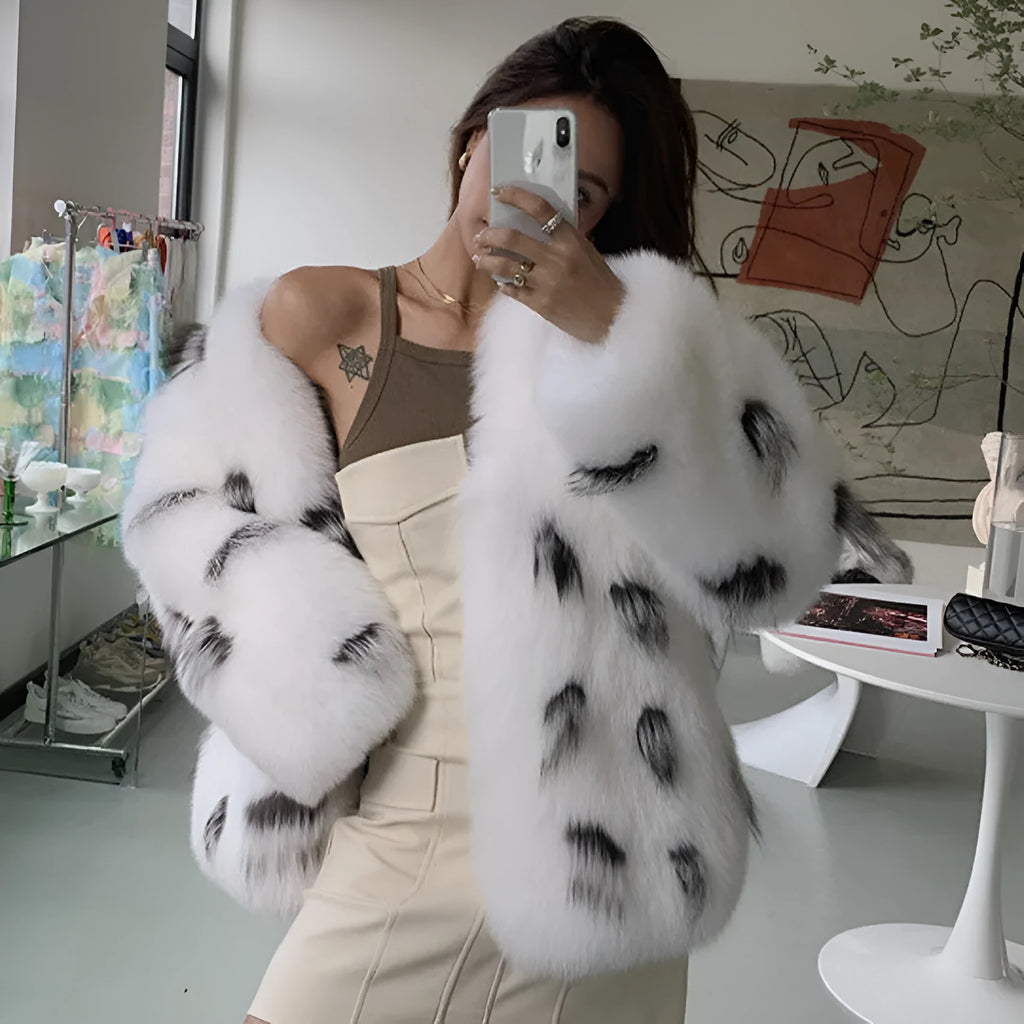 Women's black and white artificial raccoon fur coat with short length and regular sleeves