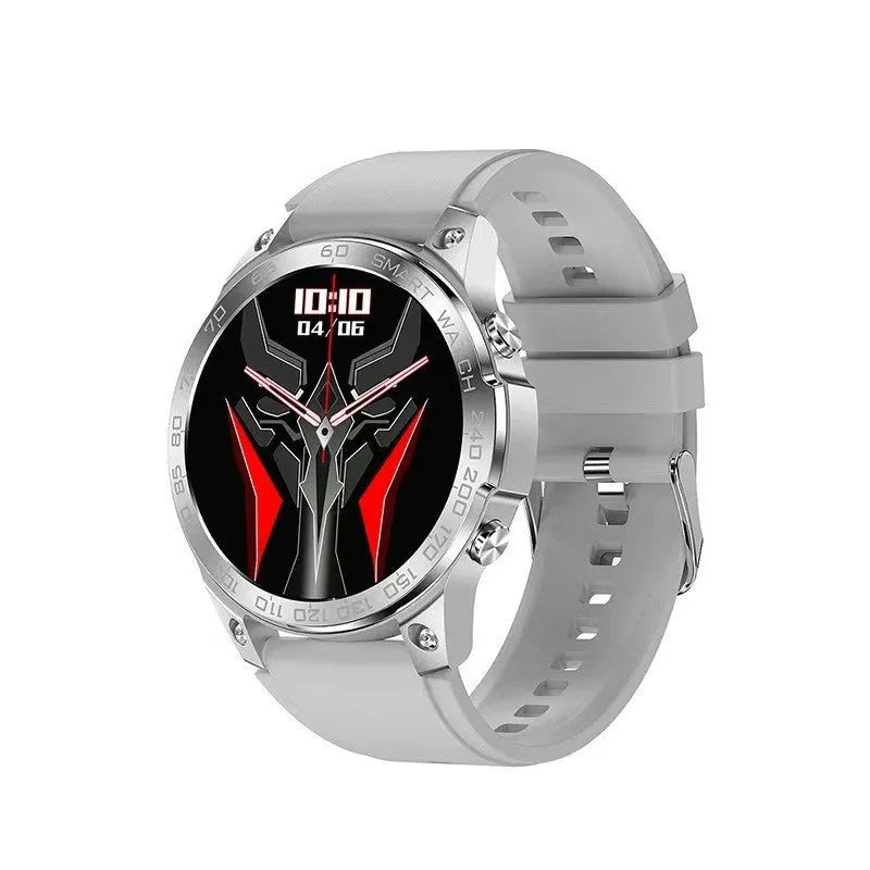 Bluetooth sports watch with round AMOLED screen and silicone strap in black colour
