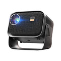 Android 4K Full HD smart projector unit displaying a high-definition movie scene on a wall.
