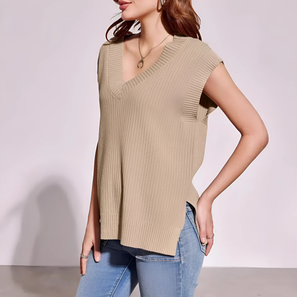 Women's V-neck sleeveless pullover vest in camel colour with loose fit design