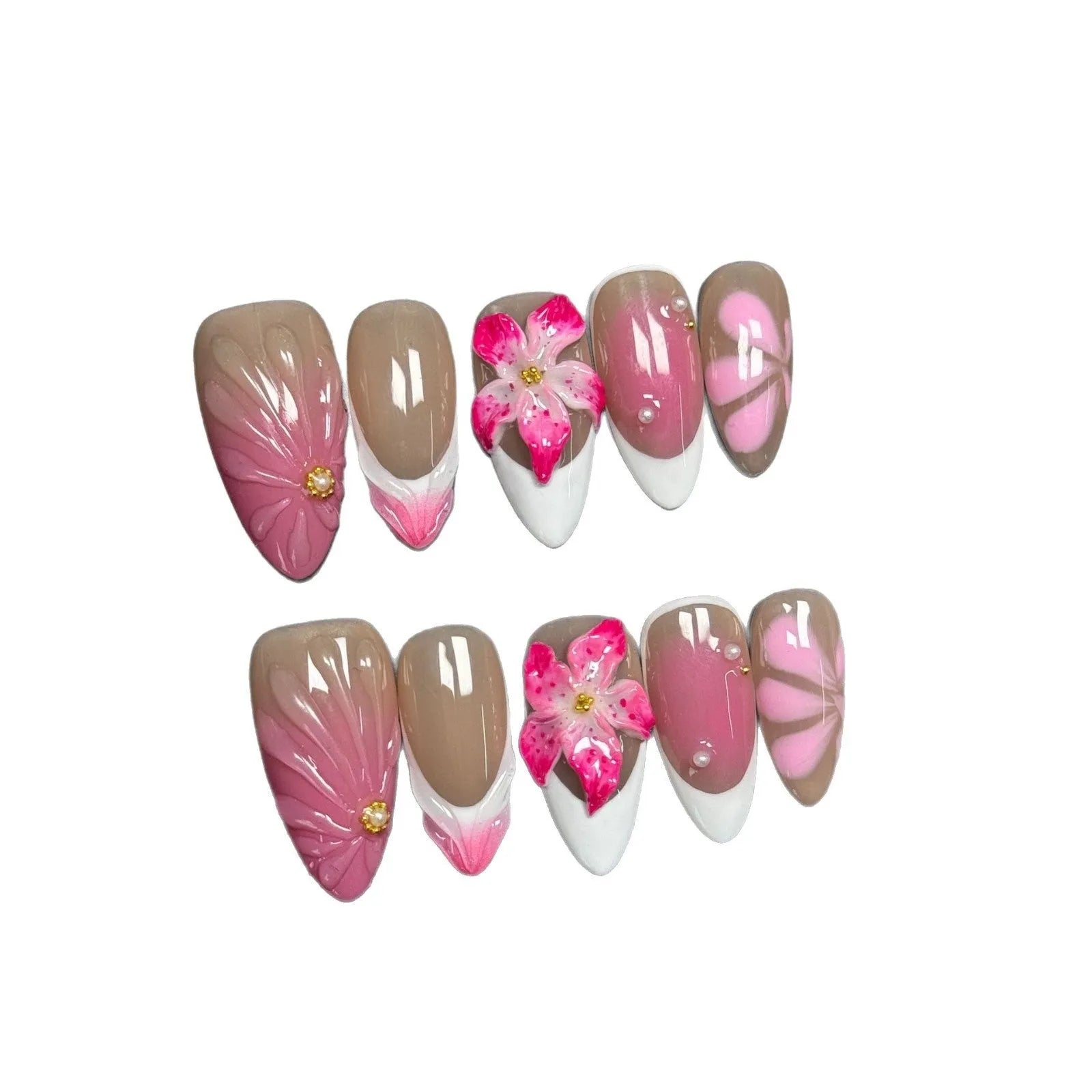 French Style Lily Fluid Ice Flower three-dimensional plastic nail art armour set in almond style.