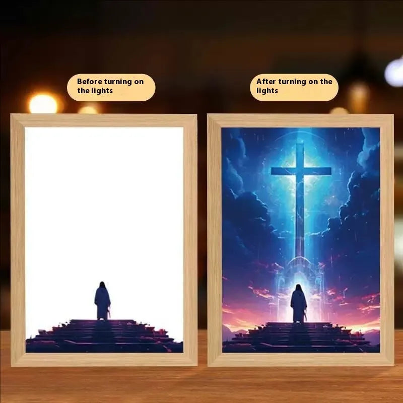 Modern rectangular LED light painting frame showing a sea and home scene on a wall.