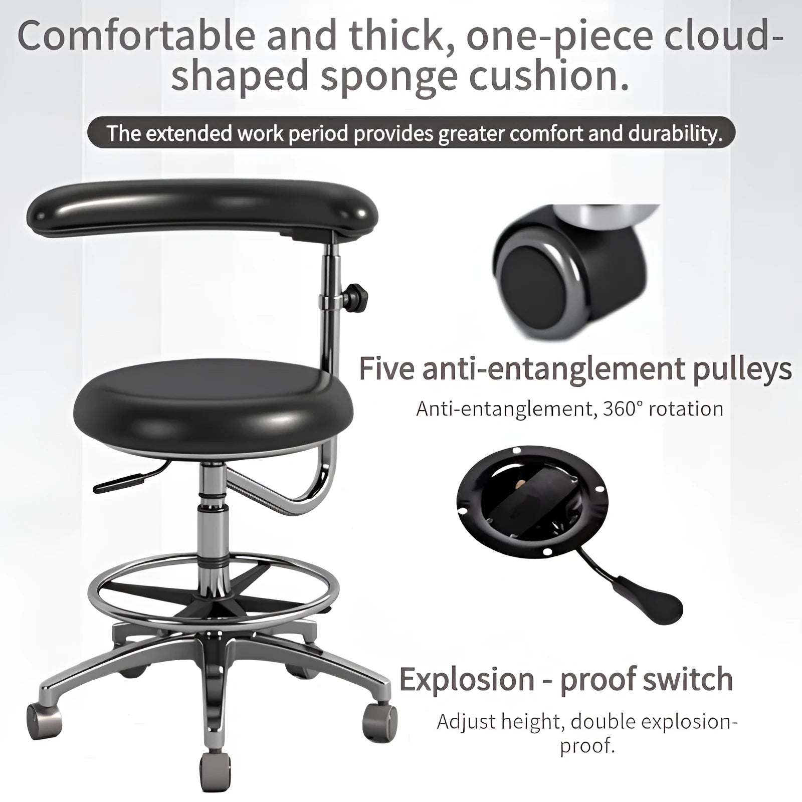 Black leather dental patient chair with adjustable height and base wheels
