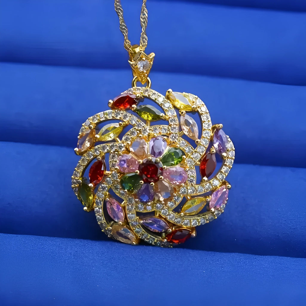 Spiral design colour zircon pendant necklace with real gold plated copper flower shape