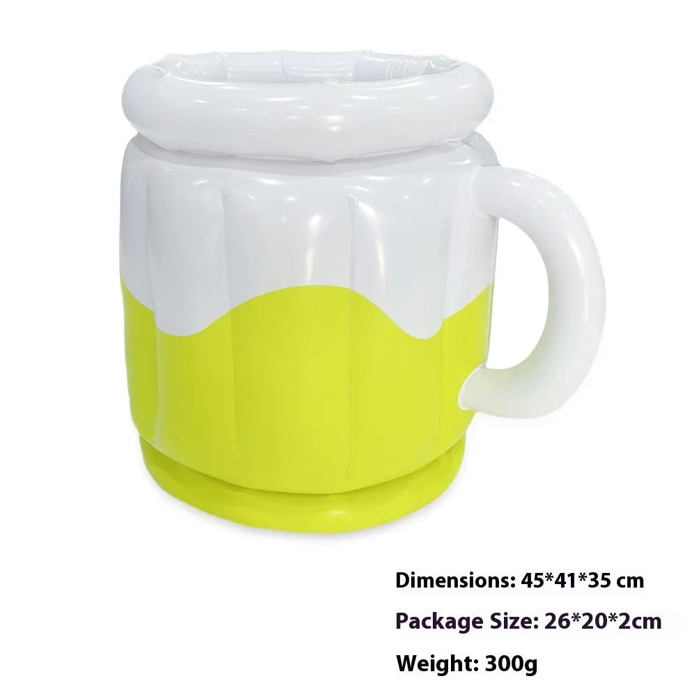 Yellow inflatable PVC ice bucket designed for beer steins, shown deflated and inflated