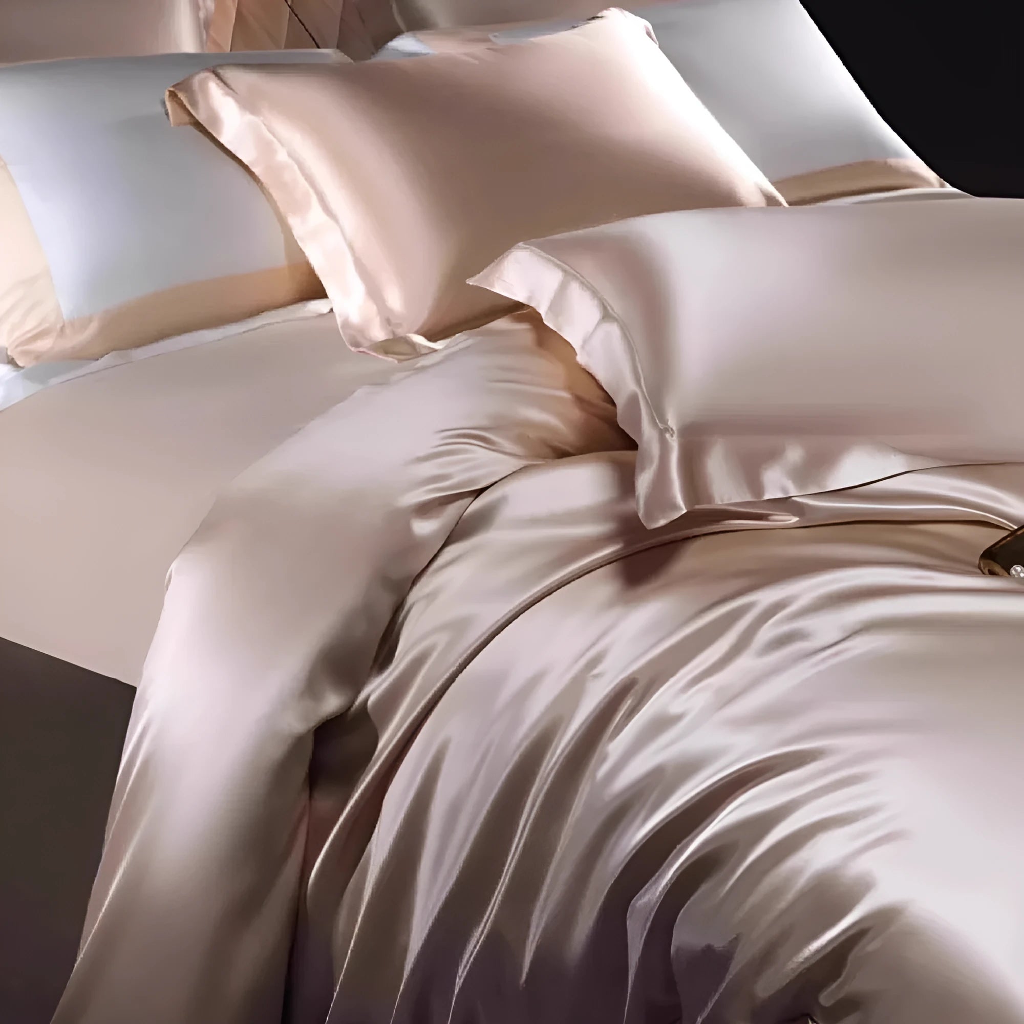 Silk four-piece bed set in a solid colour showing duvet cover and matching pillowcases.