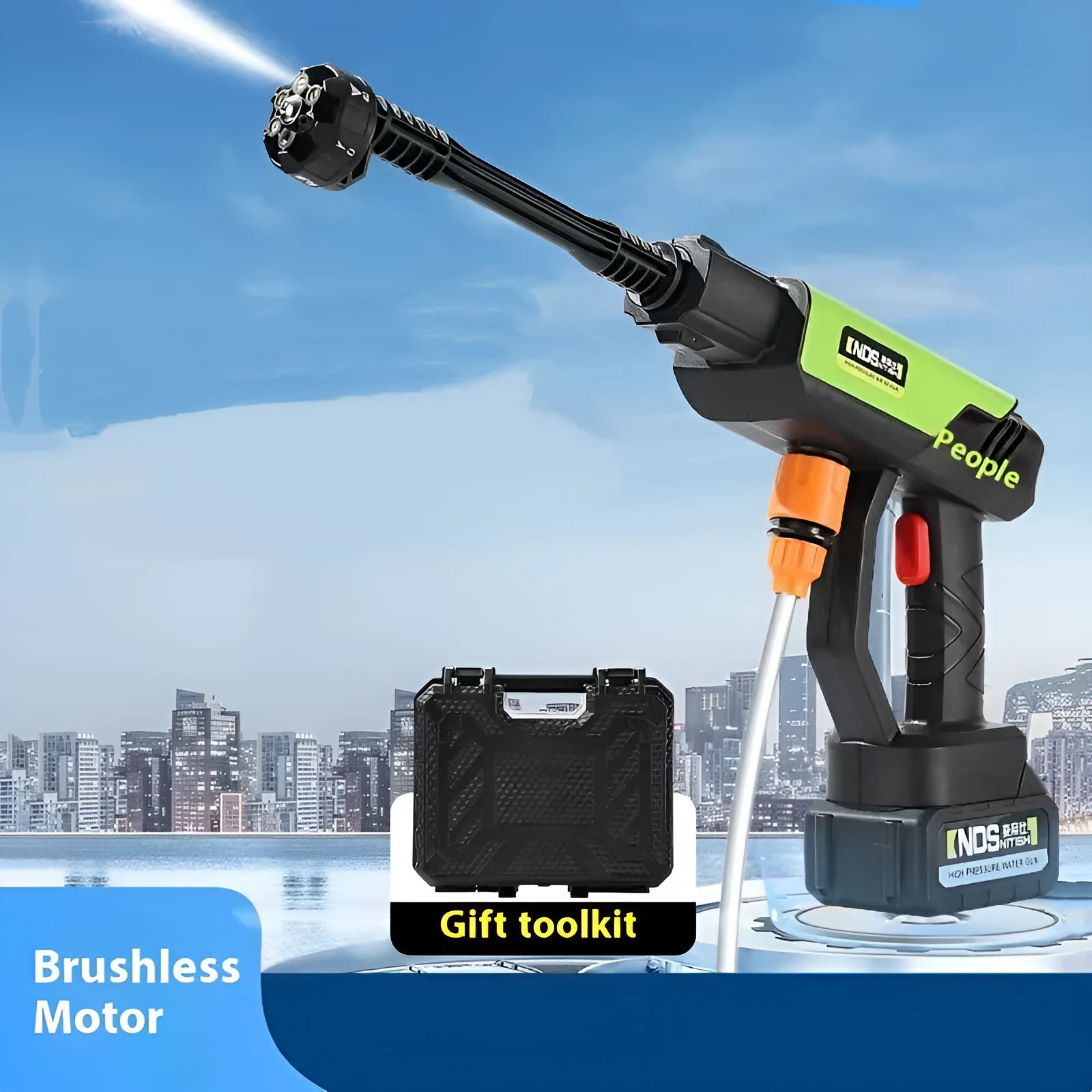 Wireless high-pressure water gun with metal nozzle and engineering plastic handle in green colour