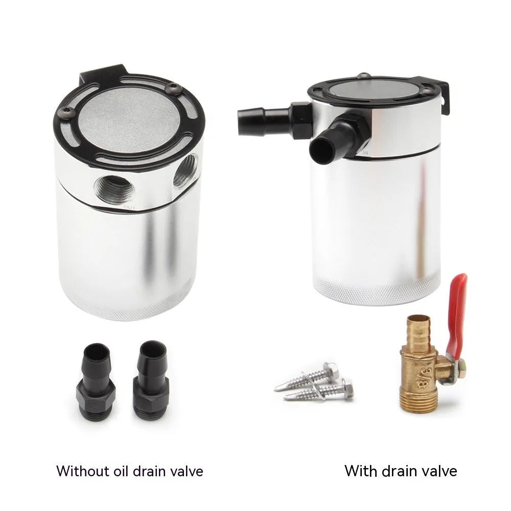 Black aluminium two hole automotive oil can with oil-free valve and connectors.