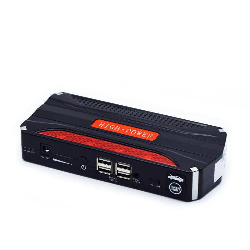 Black and red portable vehicle jump starter with 7800mAh battery capacity for emergency car starting