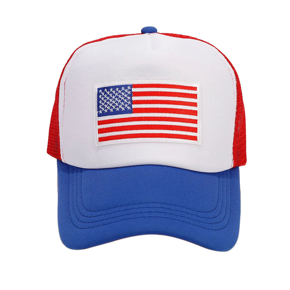 Red and blue two-tone breathable mesh baseball cap with adjustable strap and dome crown.