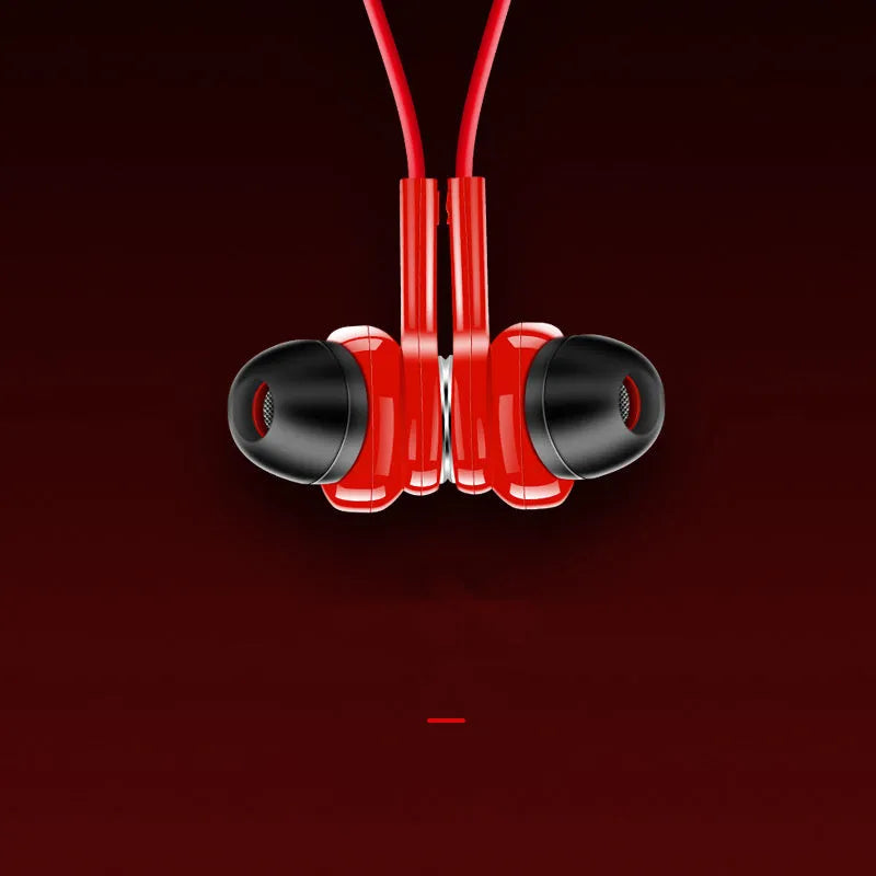 Neckband sports Bluetooth earphones in black, red and white colours with neck-hanging design