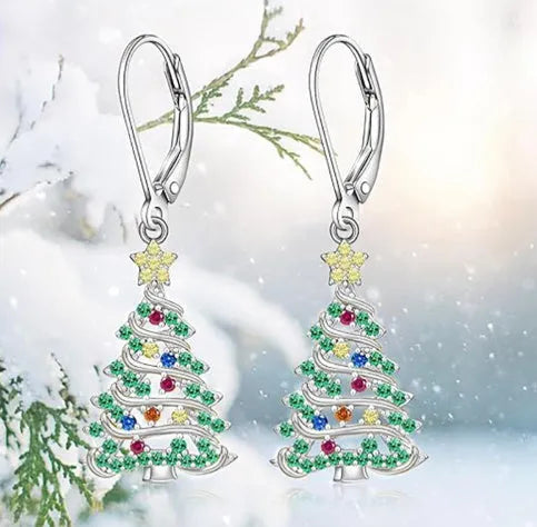 Christmas tree earrings for women with white gold colour finish and star design